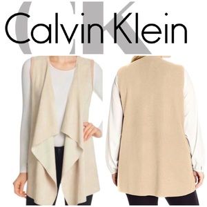 NWOT Calvin Klein Faux Suede CREAM Sweater Vest Sleeveless Drape Open Front SZ L